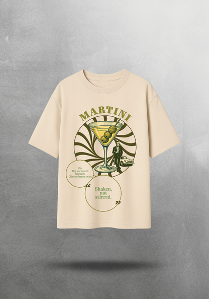 Kokteyl temalı unisex oversize tişört – Martini Kokteyl, minimal, klasik kokteyl, siyah, bej, krem, açık gri, gri, yeşil, haki, hardal, sarı, relax