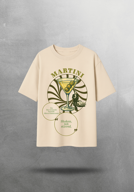 Kokteyl temalı unisex oversize tişört – Martini Kokteyl, minimal, klasik kokteyl, siyah, bej, krem, açık gri, gri, yeşil, haki, hardal, sarı, relax