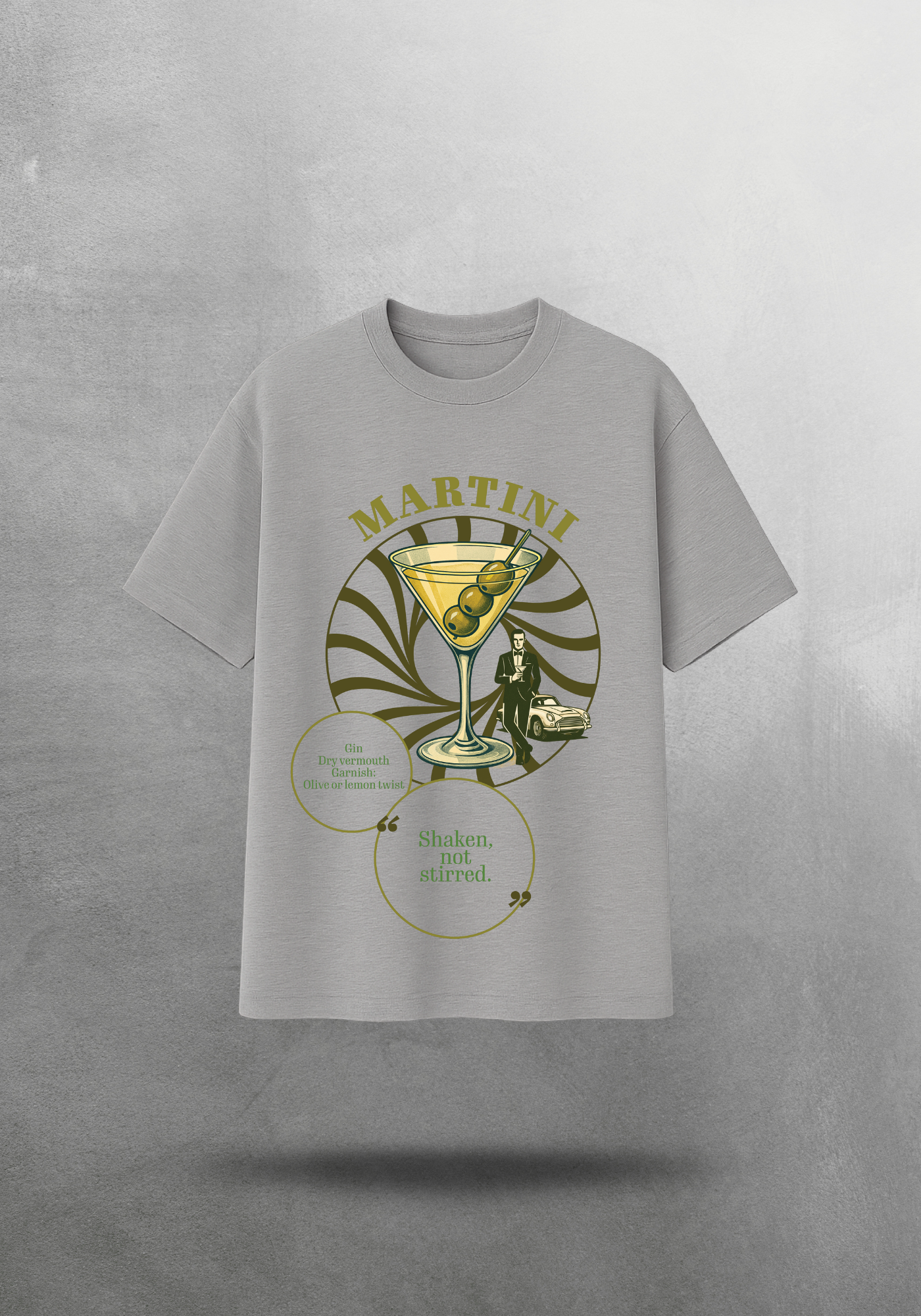 Kokteyl temalı unisex oversize tişört – Martini Kokteyl, minimal, klasik kokteyl, siyah, bej, krem, açık gri, gri, yeşil, haki, hardal, sarı, relax