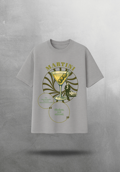 Kokteyl temalı unisex oversize tişört – Martini Kokteyl, minimal, klasik kokteyl, siyah, bej, krem, açık gri, gri, yeşil, haki, hardal, sarı, relax
