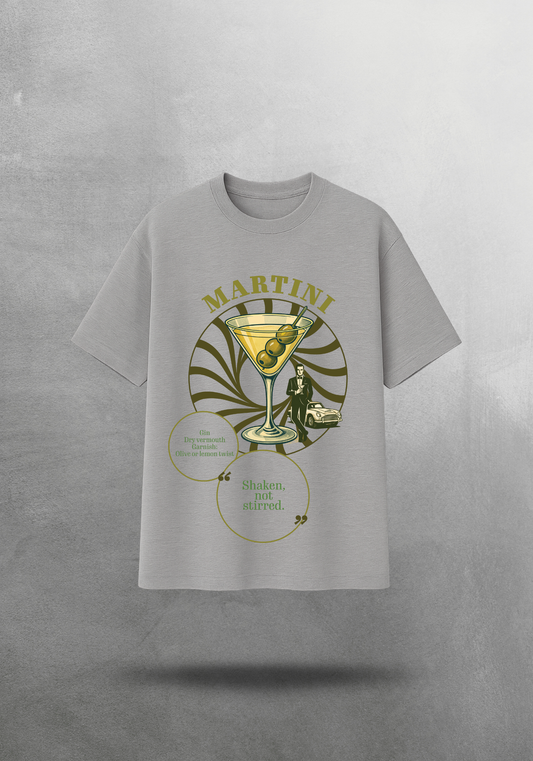 Kokteyl temalı unisex oversize tişört – Martini Kokteyl, minimal, klasik kokteyl, siyah, bej, krem, açık gri, gri, yeşil, haki, hardal, sarı, relax