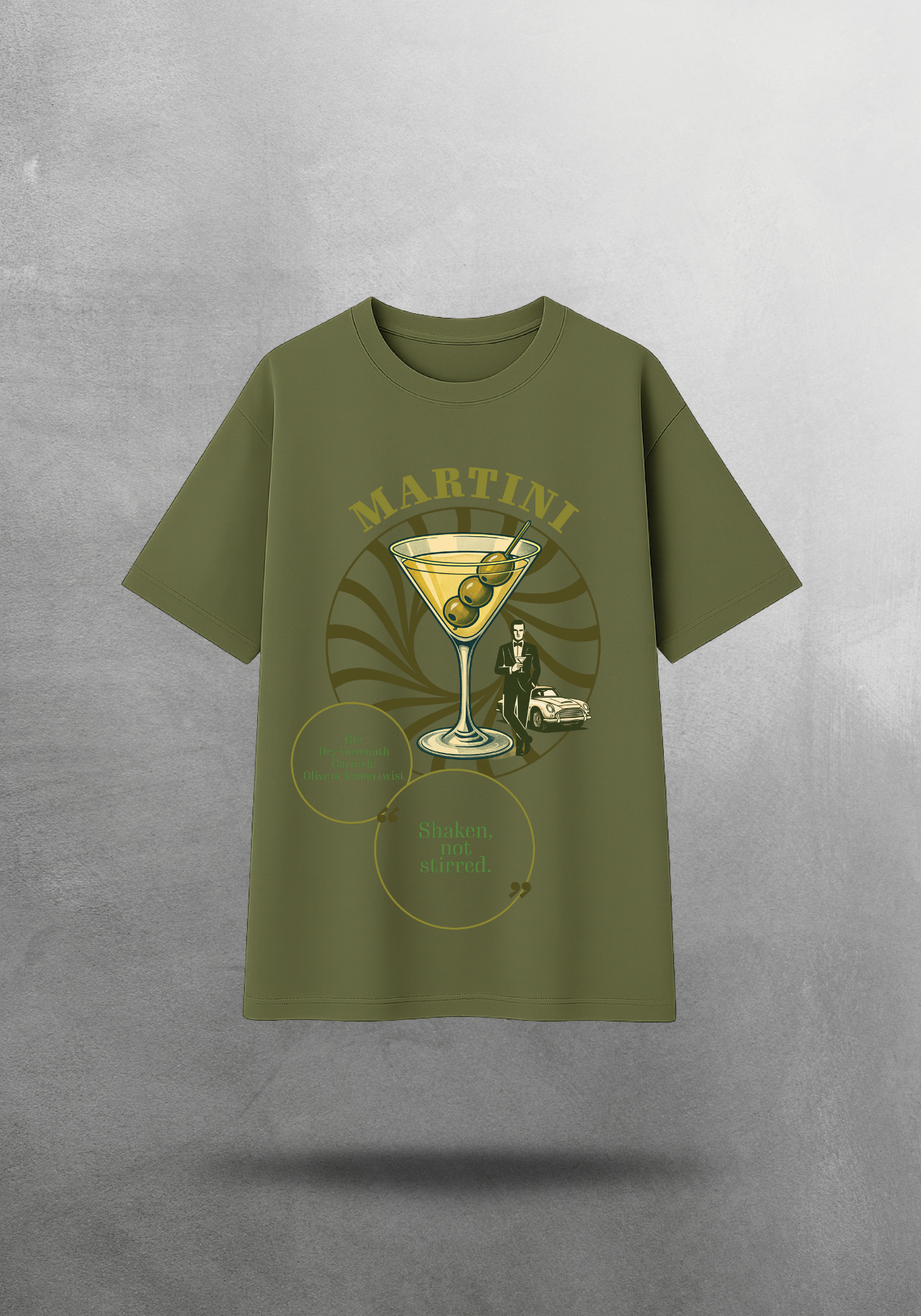 Kokteyl temalı unisex oversize tişört – Martini Kokteyl, minimal, klasik kokteyl, siyah, bej, krem, açık gri, gri, yeşil, haki, hardal, sarı, relax