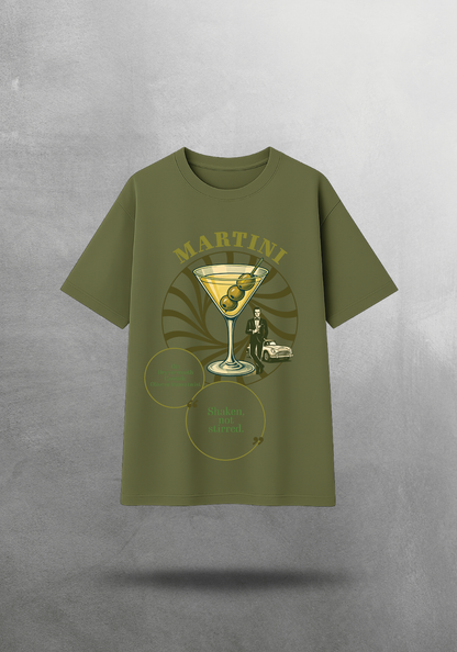 Kokteyl temalı unisex oversize tişört – Martini Kokteyl, minimal, klasik kokteyl, siyah, bej, krem, açık gri, gri, yeşil, haki, hardal, sarı, relax