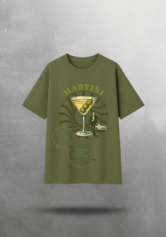 Kokteyl temalı unisex oversize tişört – Martini Kokteyl, minimal, klasik kokteyl, siyah, bej, krem, açık gri, gri, yeşil, haki, hardal, sarı, relax