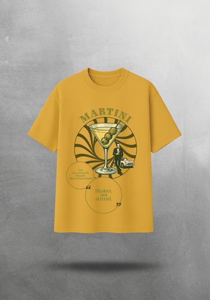 Kokteyl temalı unisex oversize tişört – Martini Kokteyl, minimal, klasik kokteyl, siyah, bej, krem, açık gri, gri, yeşil, haki, hardal, sarı, relax