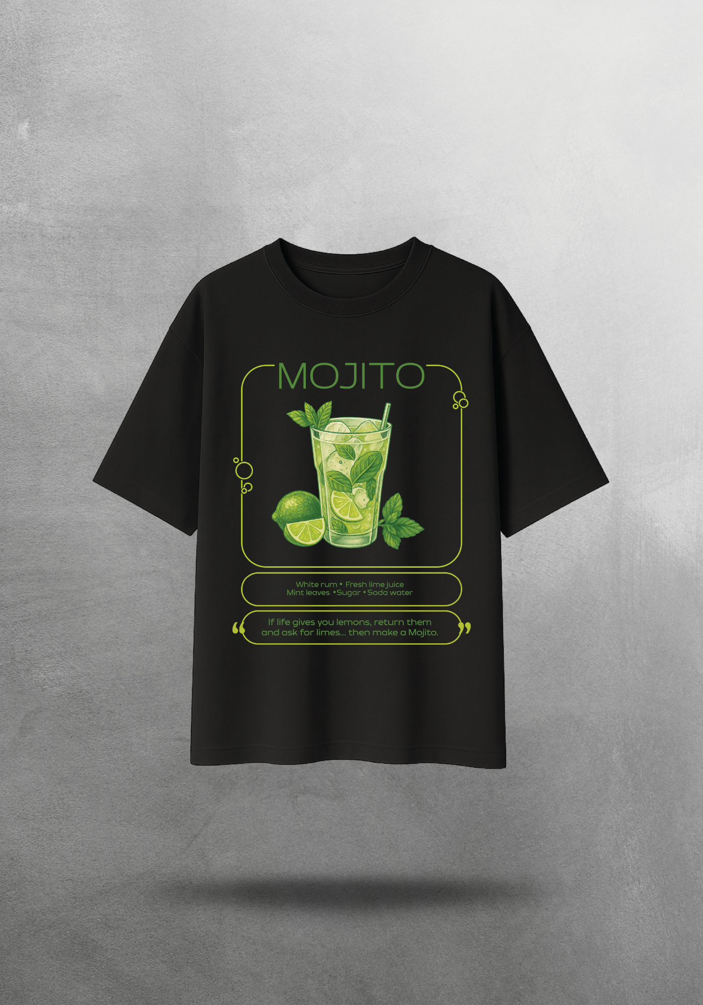 Kokteyl temalı unisex oversize tişört – Mojito Kokteyl, minimal, klasik kokteyl, siyah, bej, krem, bordo, indigo, lacivert, yeşil, haki, relax
