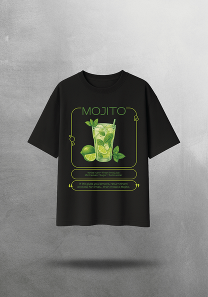Kokteyl temalı unisex oversize tişört – Mojito Kokteyl, minimal, klasik kokteyl, siyah, bej, krem, bordo, indigo, lacivert, yeşil, haki, relax