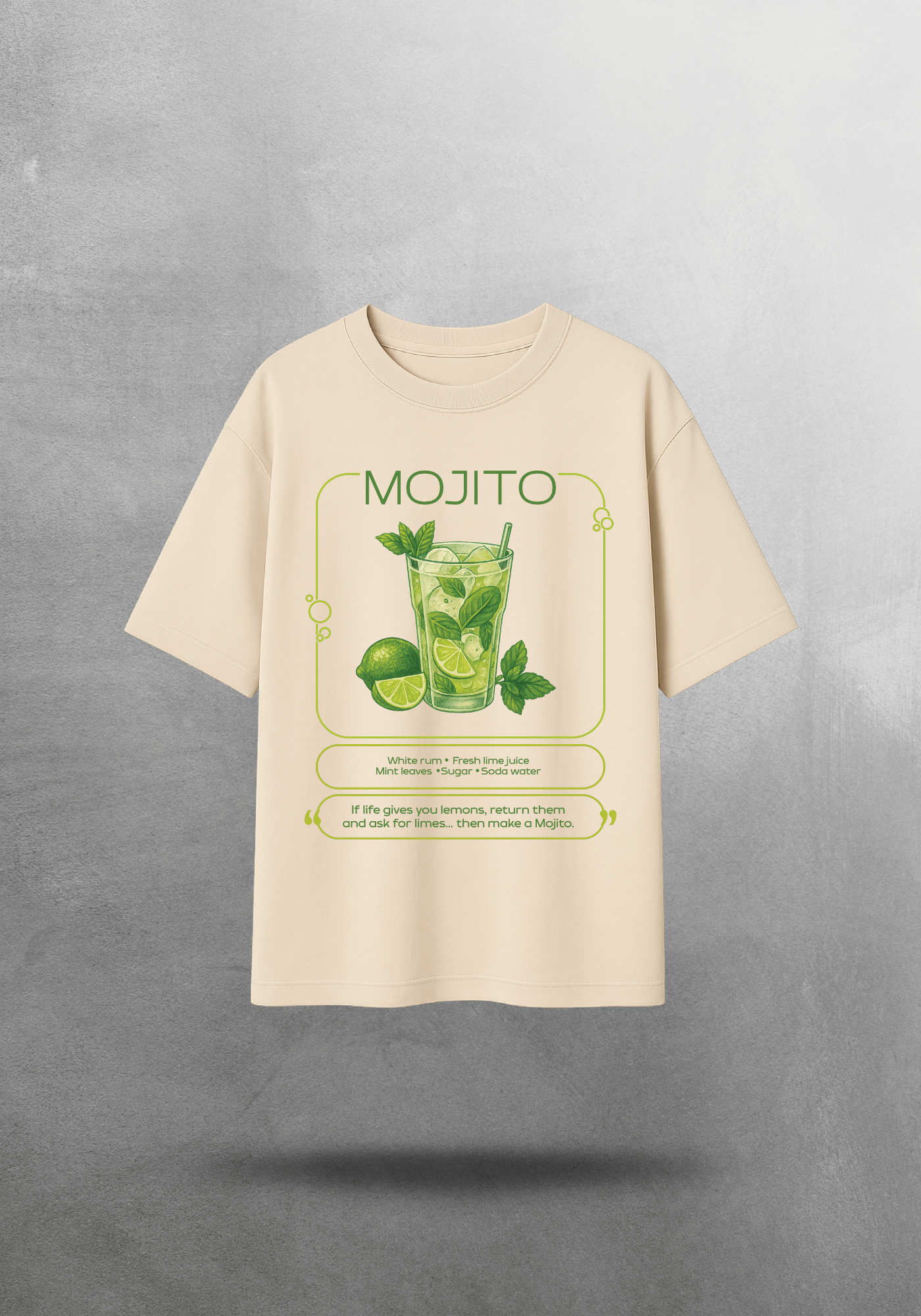Kokteyl temalı unisex oversize tişört – Mojito Kokteyl, minimal, klasik kokteyl, siyah, bej, krem, bordo, indigo, lacivert, yeşil, haki, relax