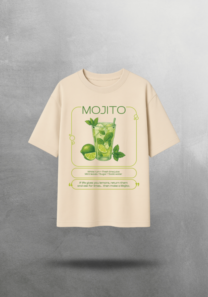Kokteyl temalı unisex oversize tişört – Mojito Kokteyl, minimal, klasik kokteyl, siyah, bej, krem, bordo, indigo, lacivert, yeşil, haki, relax