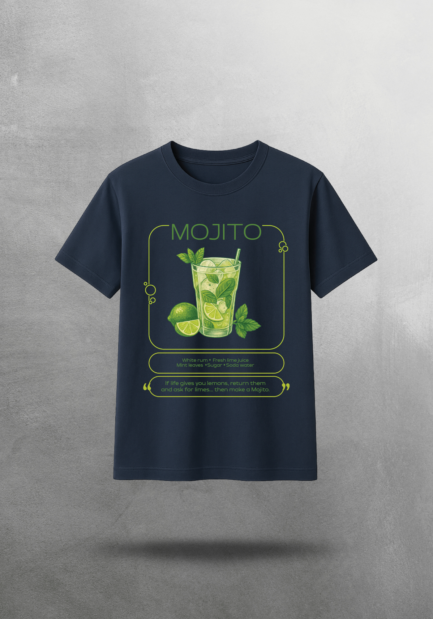 Kokteyl temalı unisex oversize tişört – Mojito Kokteyl, minimal, klasik kokteyl, siyah, bej, krem, bordo, indigo, lacivert, yeşil, haki, relax