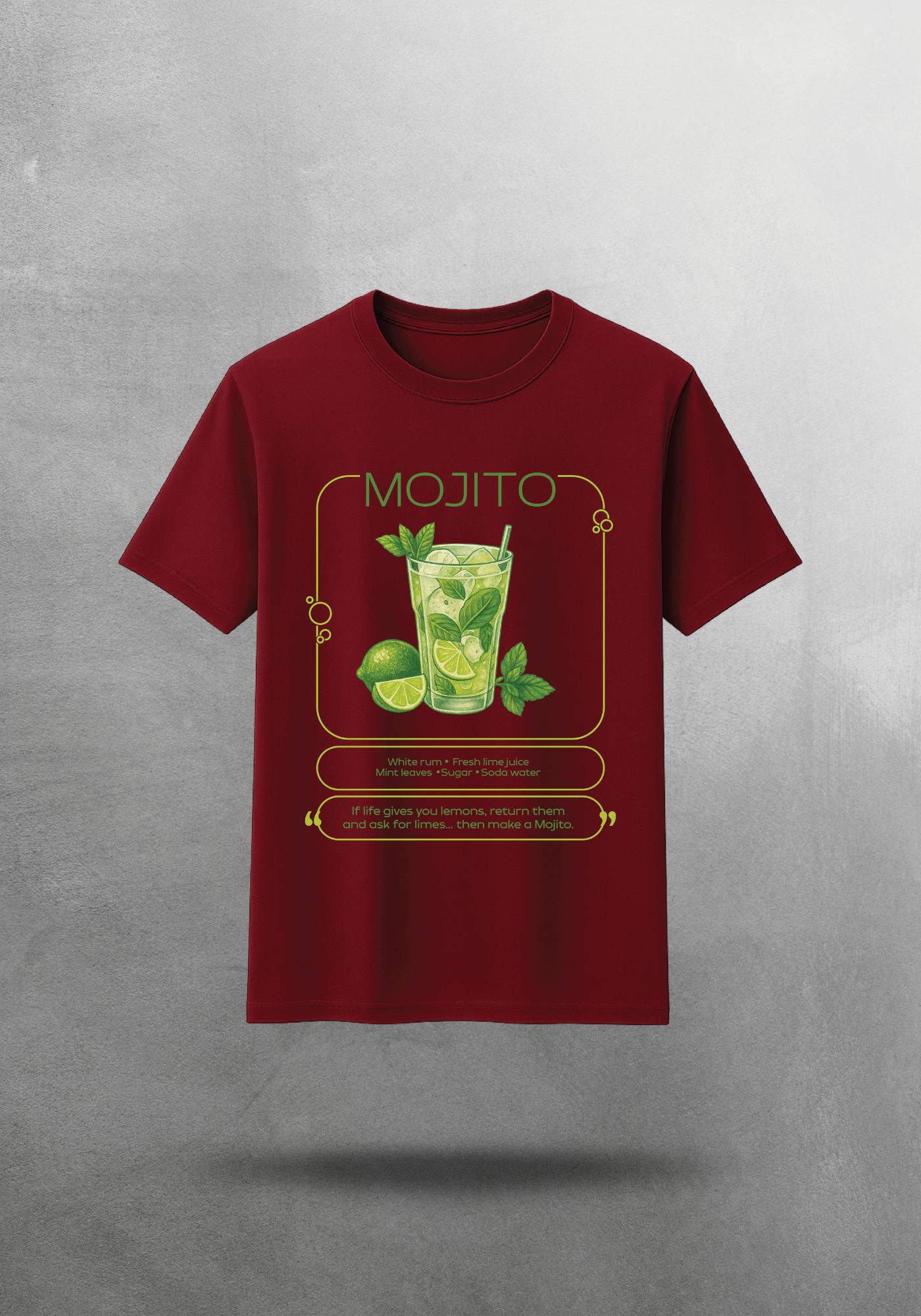 Kokteyl temalı unisex oversize tişört – Mojito Kokteyl, minimal, klasik kokteyl, siyah, bej, krem, bordo, indigo, lacivert, yeşil, haki, relax