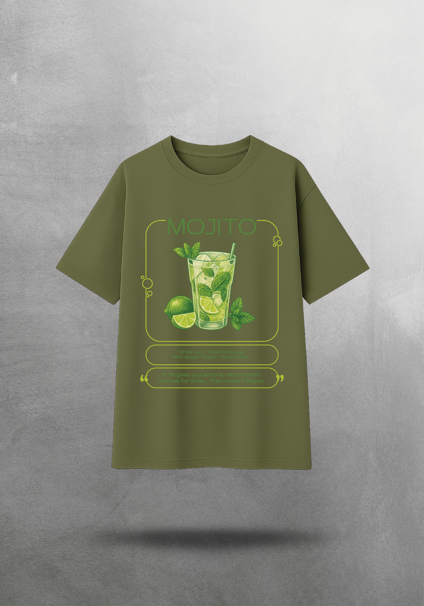 Kokteyl temalı unisex oversize tişört – Mojito Kokteyl, minimal, klasik kokteyl, siyah, bej, krem, bordo, indigo, lacivert, yeşil, haki, relax