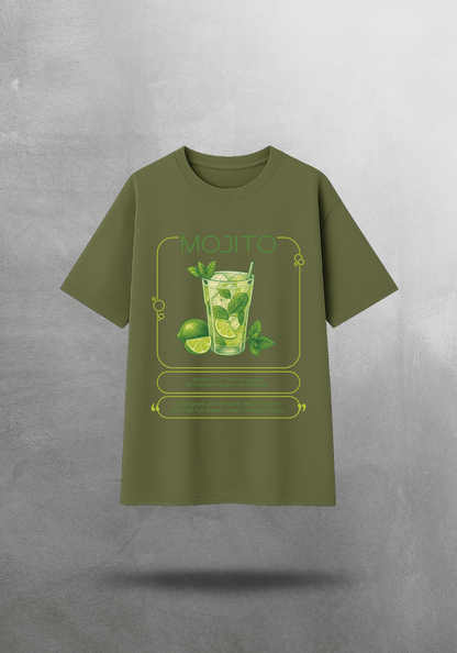 Kokteyl temalı unisex oversize tişört – Mojito Kokteyl, minimal, klasik kokteyl, siyah, bej, krem, bordo, indigo, lacivert, yeşil, haki, relax