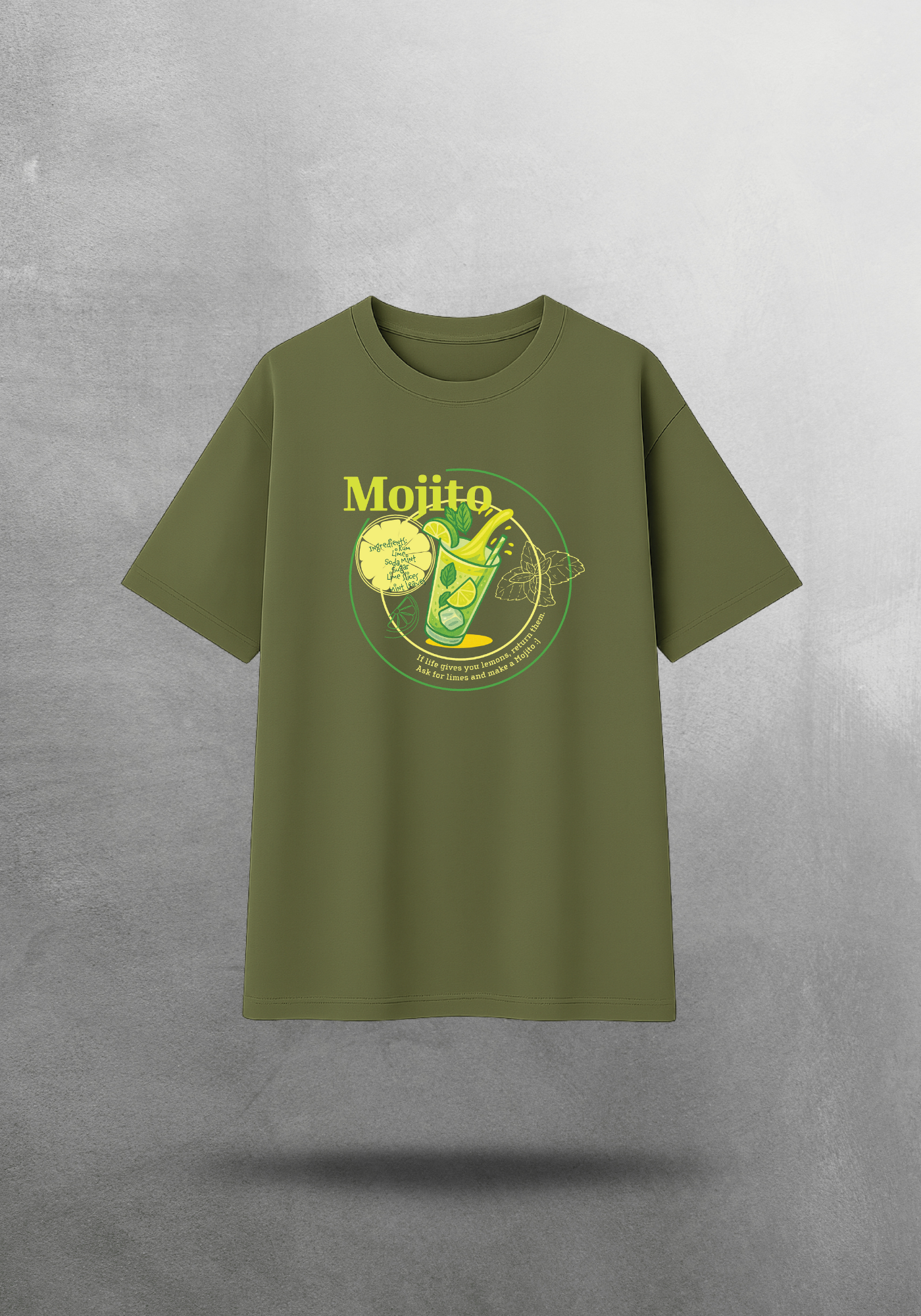 Kokteyl temalı unisex oversize tişört – Mojito Kokteyl, minimal, klasik kokteyl, siyah, bej, krem, bordo, indigo, lacivert, yeşil, haki, relax