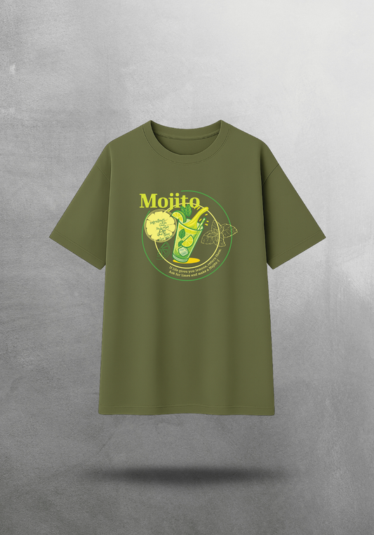 Kokteyl temalı unisex oversize tişört – Mojito Kokteyl, minimal, klasik kokteyl, siyah, bej, krem, bordo, indigo, lacivert, yeşil, haki, relax
