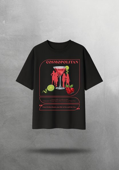 Kokteyl temalı unisex oversize tişört – Cosmopolitan Kokteyl, minimal, klasik kokteyl, siyah, bej, krem, gri, indigo, lacivert, hardal, sarı, relax