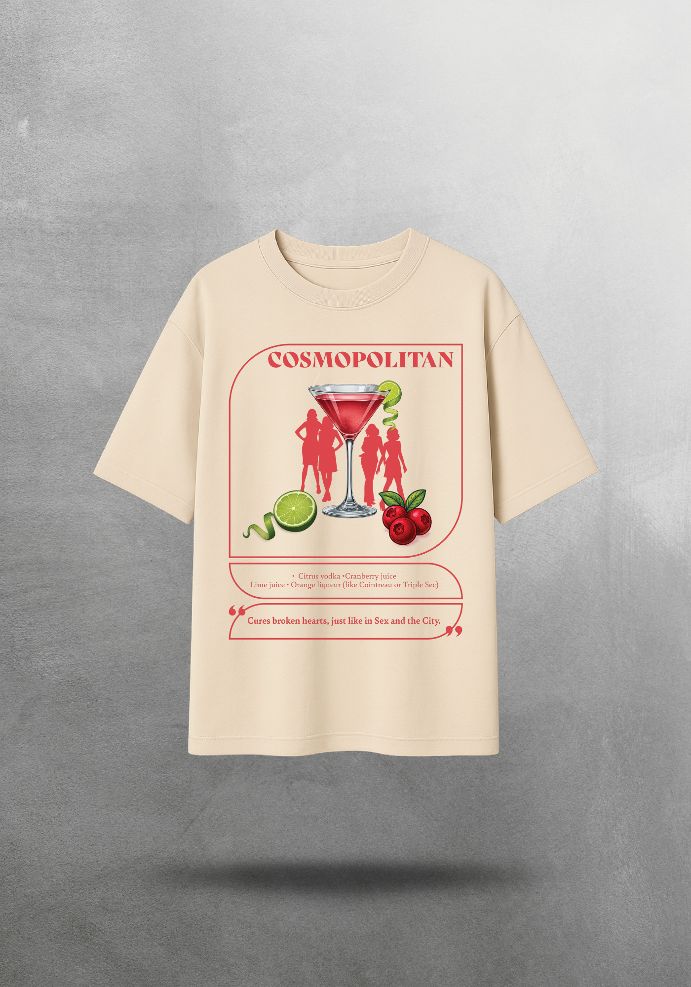 Kokteyl temalı unisex oversize tişört – Cosmopolitan Kokteyl, minimal, klasik kokteyl, siyah, bej, krem, gri, indigo, lacivert, hardal, sarı, relax