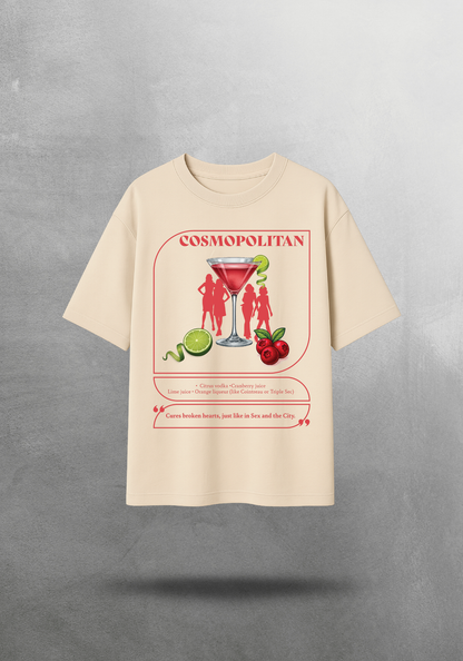 Kokteyl temalı unisex oversize tişört – Cosmopolitan Kokteyl, minimal, klasik kokteyl, siyah, bej, krem, gri, indigo, lacivert, hardal, sarı, relax
