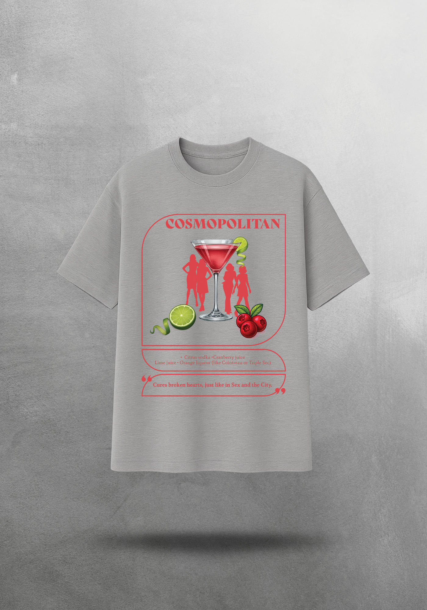 Kokteyl temalı unisex oversize tişört – Cosmopolitan Kokteyl, minimal, klasik kokteyl, siyah, bej, krem, gri, indigo, lacivert, hardal, sarı, relax