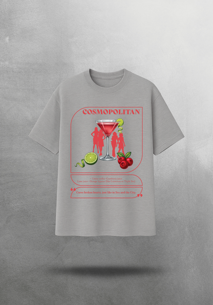 Kokteyl temalı unisex oversize tişört – Cosmopolitan Kokteyl, minimal, klasik kokteyl, siyah, bej, krem, gri, indigo, lacivert, hardal, sarı, relax