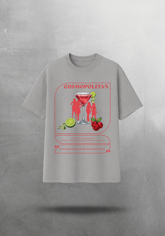 Kokteyl temalı unisex oversize tişört – Cosmopolitan Kokteyl, minimal, klasik kokteyl, siyah, bej, krem, gri, indigo, lacivert, hardal, sarı, relax