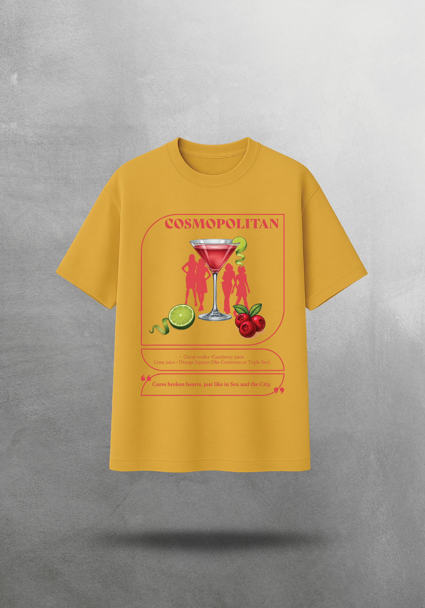 Kokteyl temalı unisex oversize tişört – Cosmopolitan Kokteyl, minimal, klasik kokteyl, siyah, bej, krem, gri, indigo, lacivert, hardal, sarı, relax