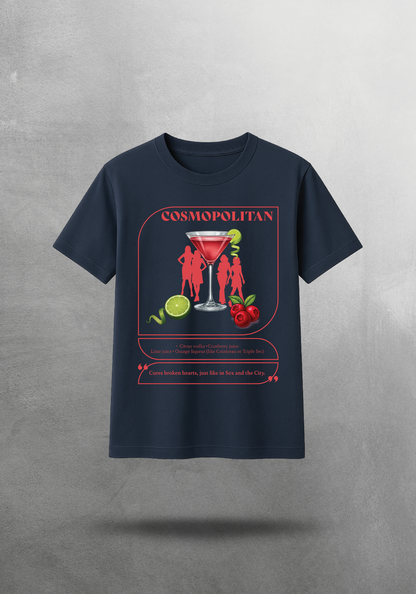 Kokteyl temalı unisex oversize tişört – Cosmopolitan Kokteyl, minimal, klasik kokteyl, siyah, bej, krem, gri, indigo, lacivert, hardal, sarı, relax