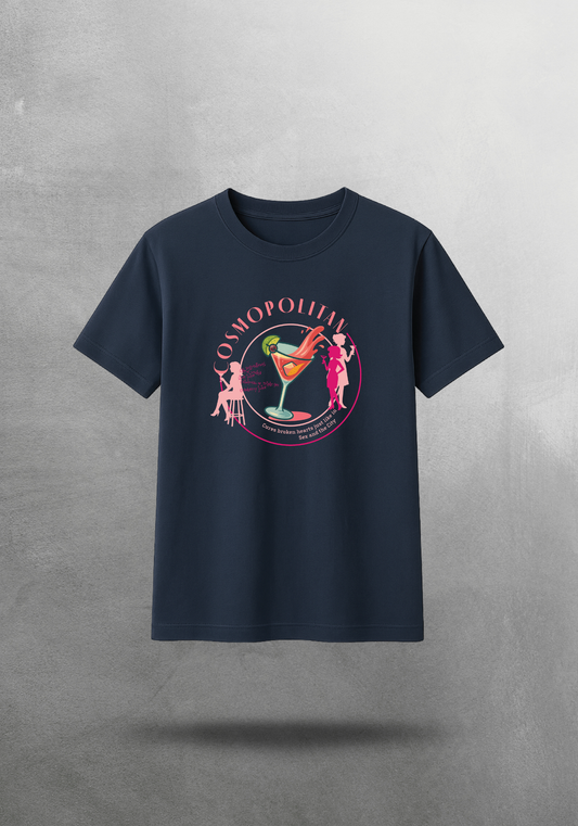 Kokteyl temalı unisex oversize tişört – Cosmopolitan Kokteyl, minimal, klasik kokteyl, siyah, bej, krem, gri, indigo, lacivert, hardal, sarı, relax