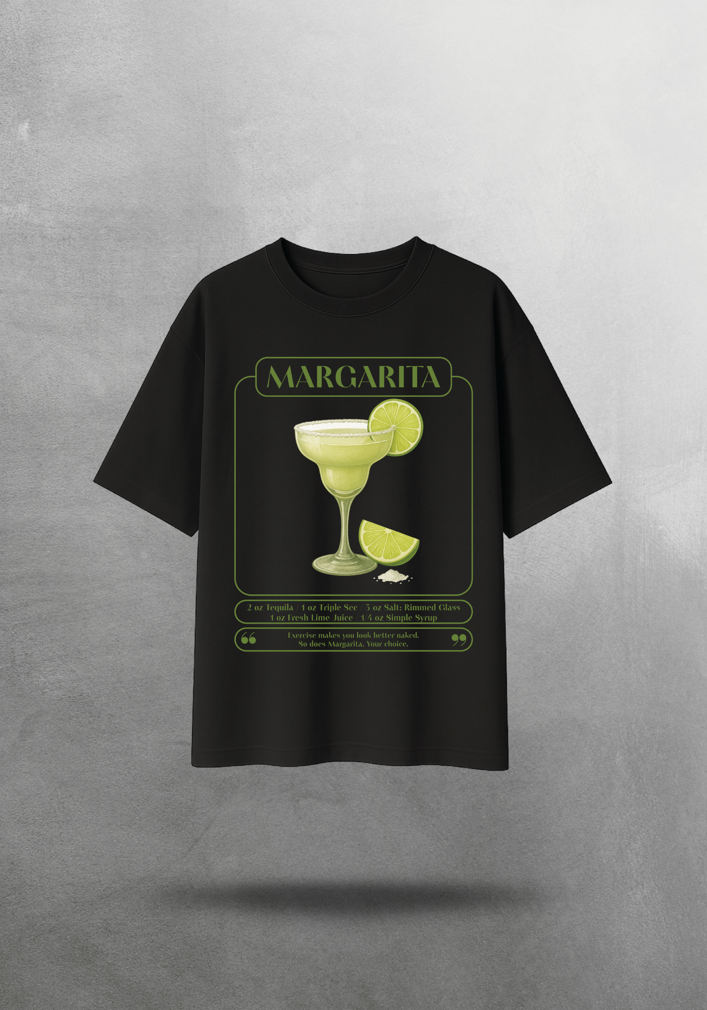 Kokteyl temalı unisex oversize tişört – Margarita Kokteyl, minimal, klasik kokteyl, siyah, bej, krem, relax