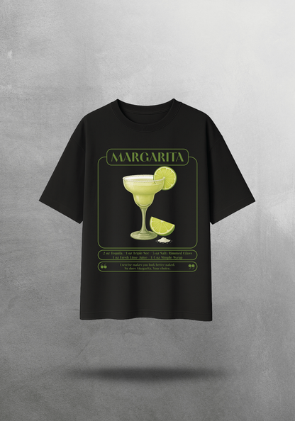 Kokteyl temalı unisex oversize tişört – Margarita Kokteyl, minimal, klasik kokteyl, siyah, bej, krem, relax