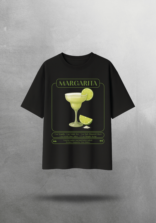 Kokteyl temalı unisex oversize tişört – Margarita Kokteyl, minimal, klasik kokteyl, siyah, bej, krem, relax