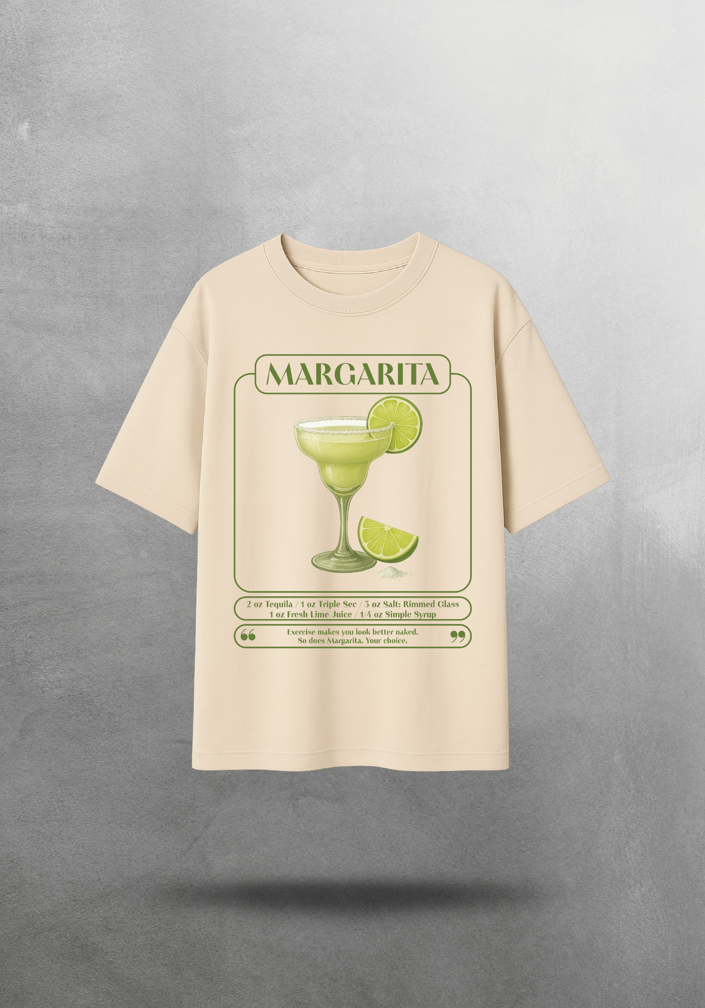 Kokteyl temalı unisex oversize tişört – Margarita Kokteyl, minimal, klasik kokteyl, siyah, bej, krem, relax