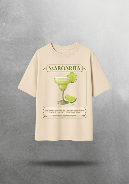 Kokteyl temalı unisex oversize tişört – Margarita Kokteyl, minimal, klasik kokteyl, siyah, bej, krem, relax