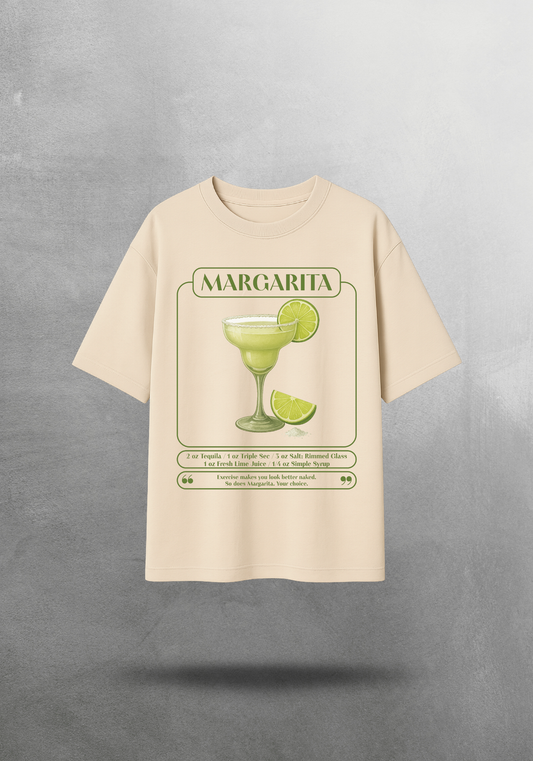 Kokteyl temalı unisex oversize tişört – Margarita Kokteyl, minimal, klasik kokteyl, siyah, bej, krem, relax