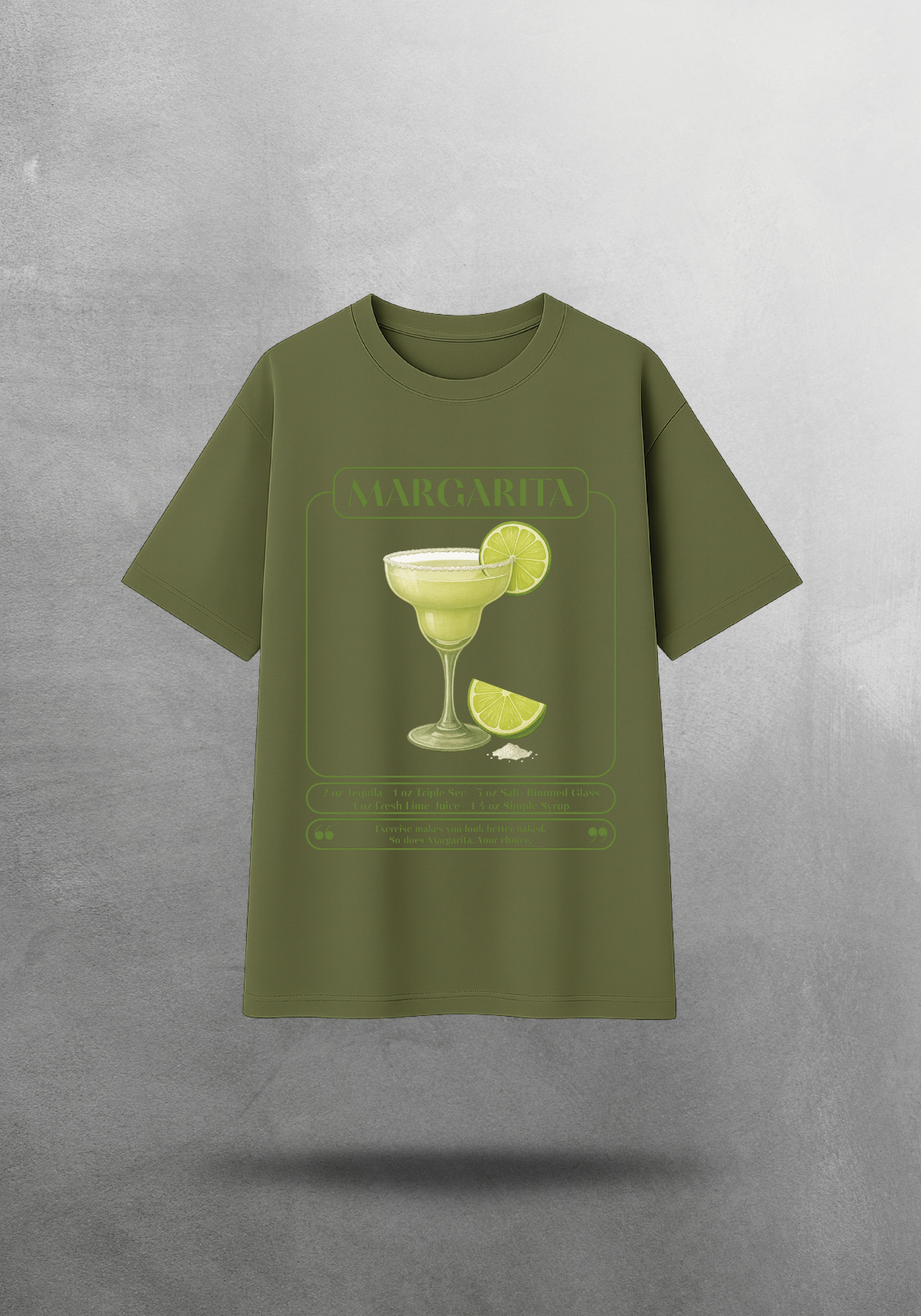 Kokteyl temalı unisex oversize tişört – Margarita Kokteyl, minimal, klasik kokteyl, siyah, bej, krem, bordo, kırmızı, yeşil, haki, indigo, lacivert