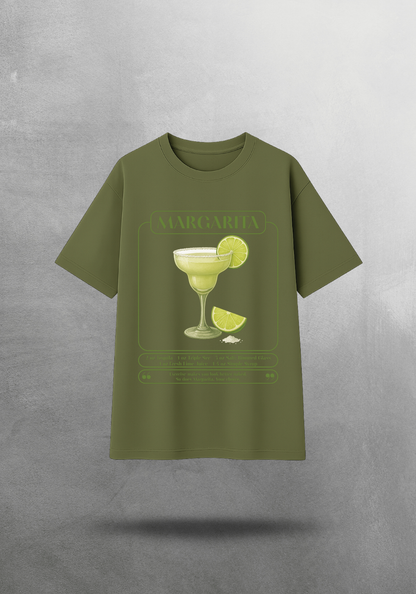 Kokteyl temalı unisex oversize tişört – Margarita Kokteyl, minimal, klasik kokteyl, siyah, bej, krem, bordo, kırmızı, yeşil, haki, indigo, lacivert