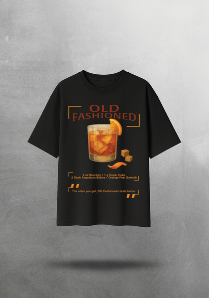 Kokteyl temalı unisex oversize tişört – Old Fashioned Kokteyl, klasik kokteyl, siyah, bej, krem, relax