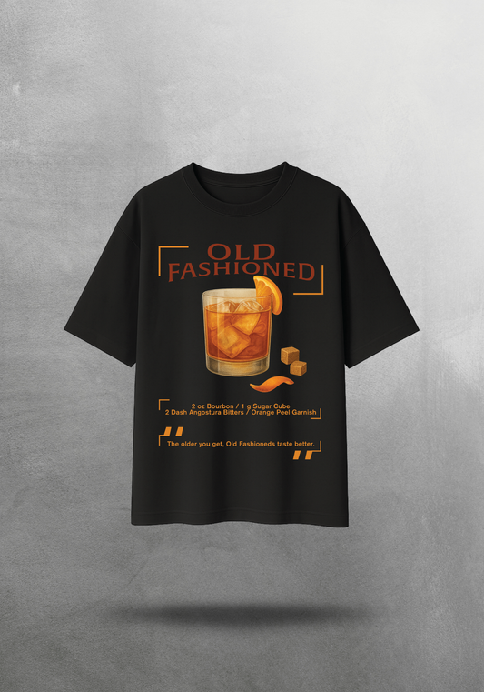 Kokteyl temalı unisex oversize tişört – Old Fashioned Kokteyl, klasik kokteyl, siyah, bej, krem, relax