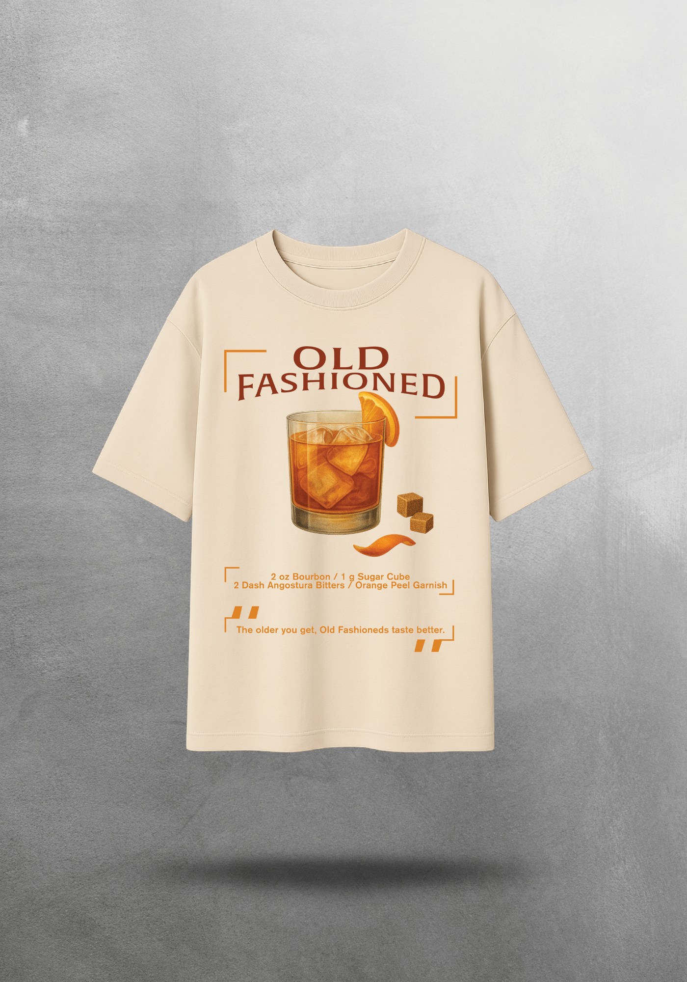 Kokteyl temalı unisex oversize tişört – Old Fashioned Kokteyl, klasik kokteyl, siyah, bej, krem, relax