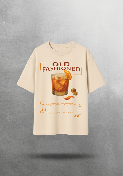 Kokteyl temalı unisex oversize tişört – Old Fashioned Kokteyl, klasik kokteyl, siyah, bej, krem, relax