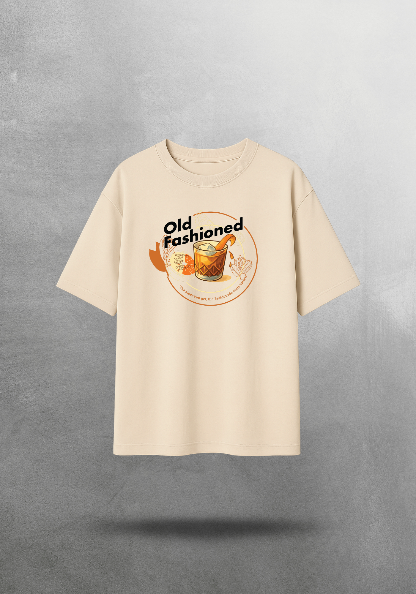 Kokteyl temalı unisex oversize tişört – Old Fashioned Kokteyl, minimal, klasik kokteyl, siyah, bej, krem
