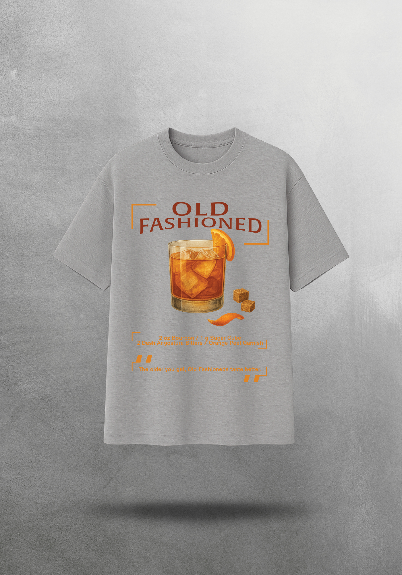 Kokteyl temalı unisex oversize tişört – Old Fashioned Kokteyl, klasik kokteyl, açık gri, gri, indigo, lacivert, yeşil, haki