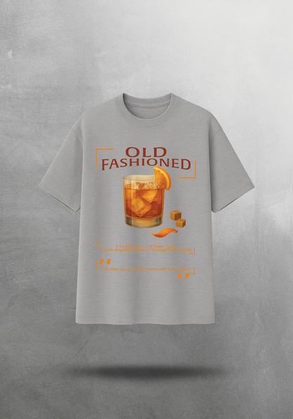 Kokteyl temalı unisex oversize tişört – Old Fashioned Kokteyl, klasik kokteyl, açık gri, gri, indigo, lacivert, yeşil, haki