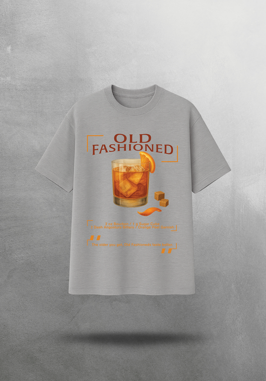 Kokteyl temalı unisex oversize tişört – Old Fashioned Kokteyl, klasik kokteyl, açık gri, gri, indigo, lacivert, yeşil, haki