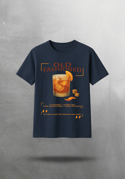 Kokteyl temalı unisex oversize tişört – Old Fashioned Kokteyl, klasik kokteyl, açık gri, gri, indigo, lacivert, yeşil, haki