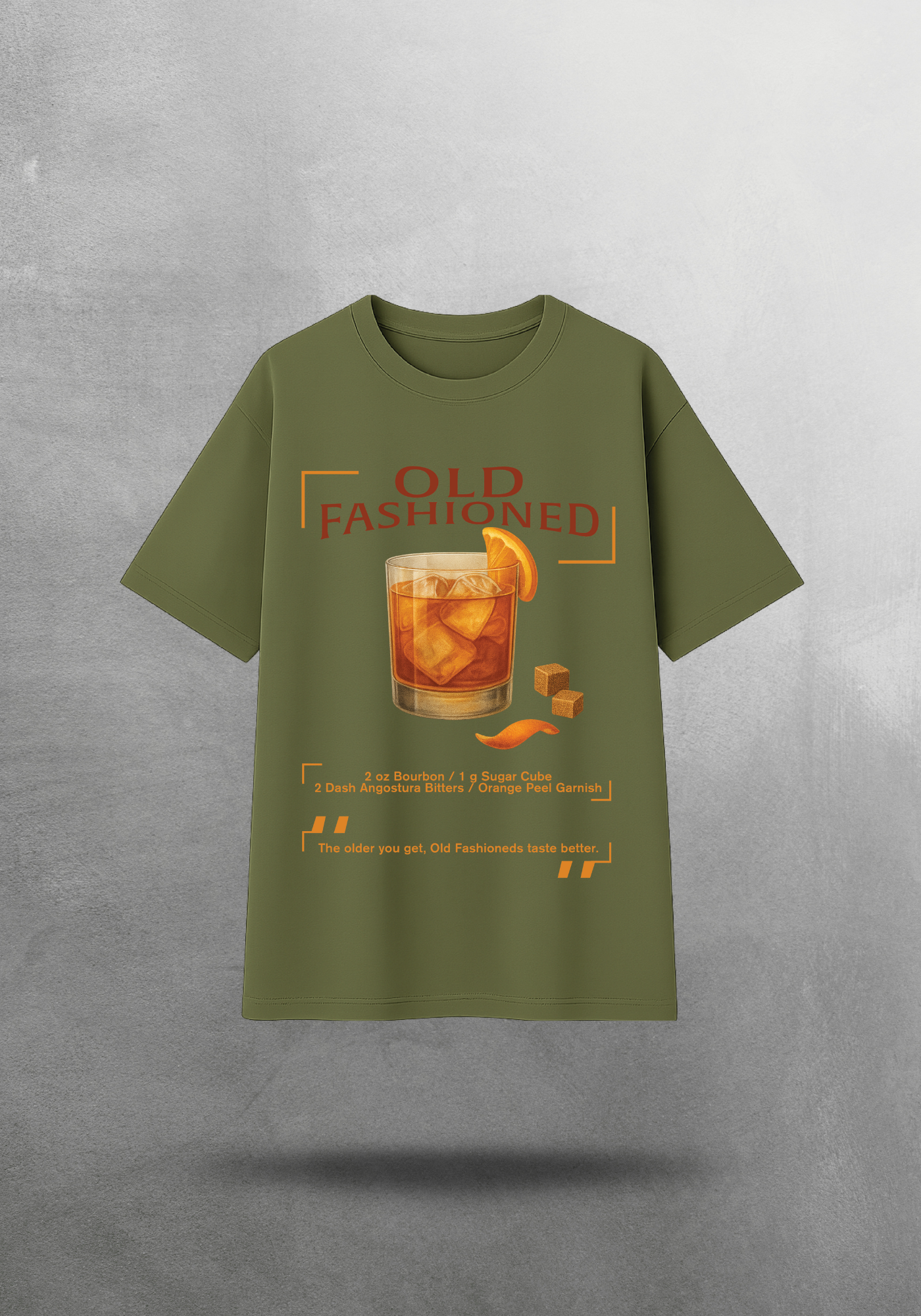 Kokteyl temalı unisex oversize tişört – Old Fashioned Kokteyl, klasik kokteyl, açık gri, gri, indigo, lacivert, yeşil, haki