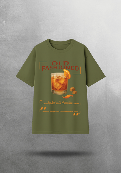 Kokteyl temalı unisex oversize tişört – Old Fashioned Kokteyl, klasik kokteyl, açık gri, gri, indigo, lacivert, yeşil, haki
