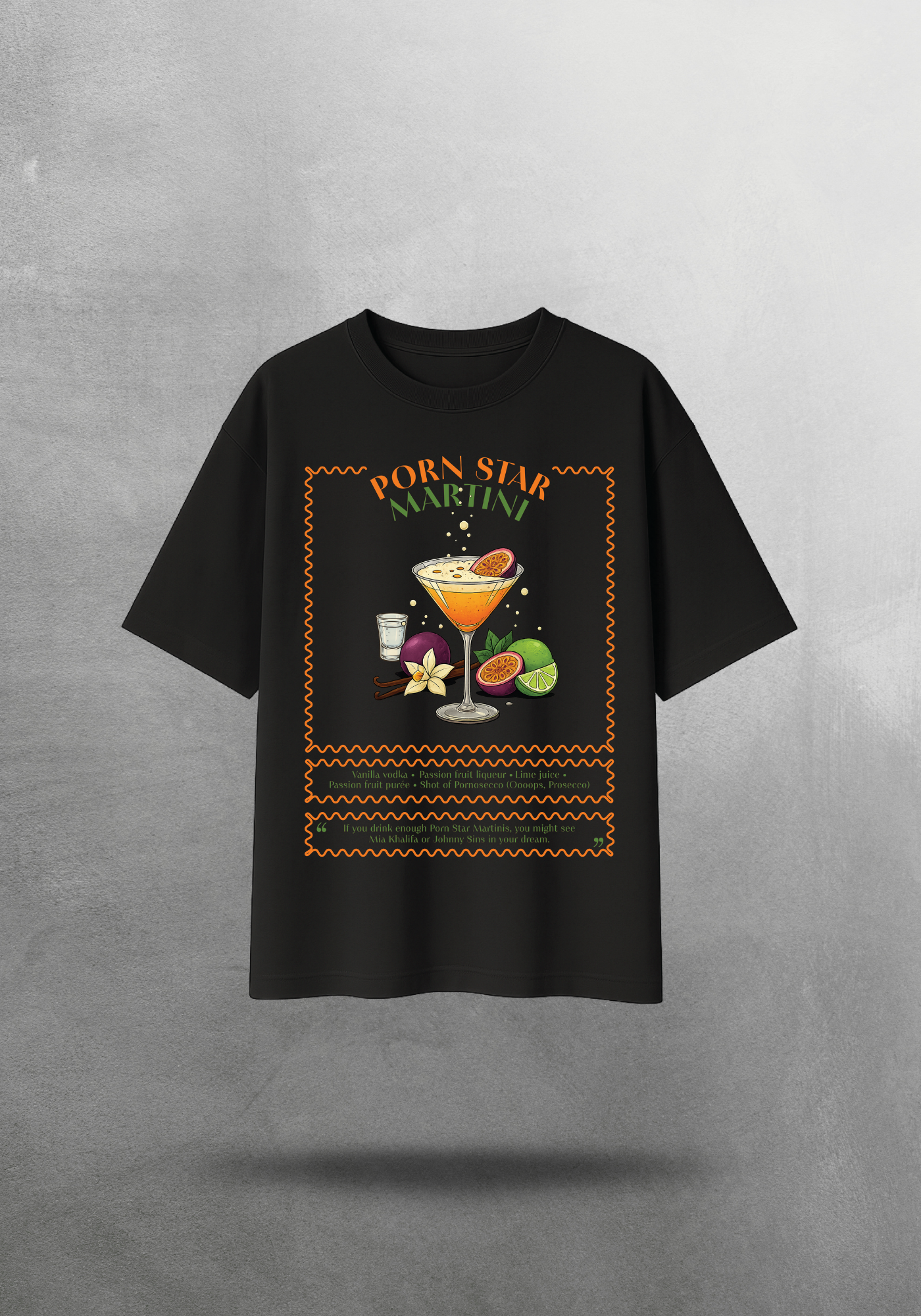 Kokteyl temalı unisex oversize tişört – Porn Star Martini Kokteyl, minimal, klasik kokteyl, siyah, relax, minimal