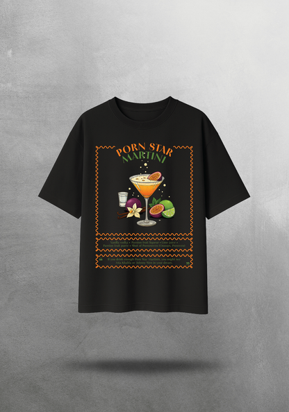 Kokteyl temalı unisex oversize tişört – Porn Star Martini Kokteyl, minimal, klasik kokteyl, siyah, relax, minimal