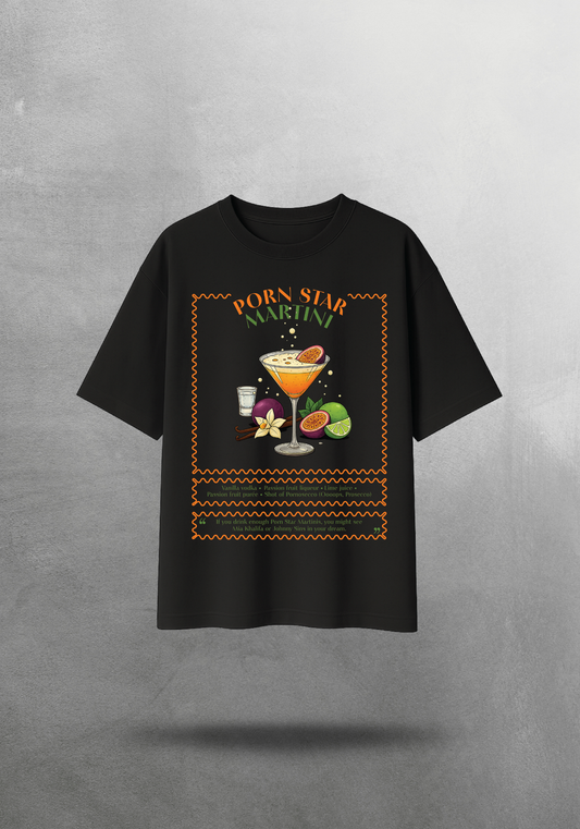 Kokteyl temalı unisex oversize tişört – Porn Star Martini Kokteyl, minimal, klasik kokteyl, siyah, relax, minimal